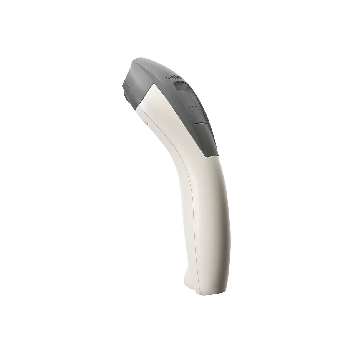 Un lecteur de codes-barres gris et blanc sur fond blanc. Le scanner est légèrement incurvé et porte l'inscription "honeywell".