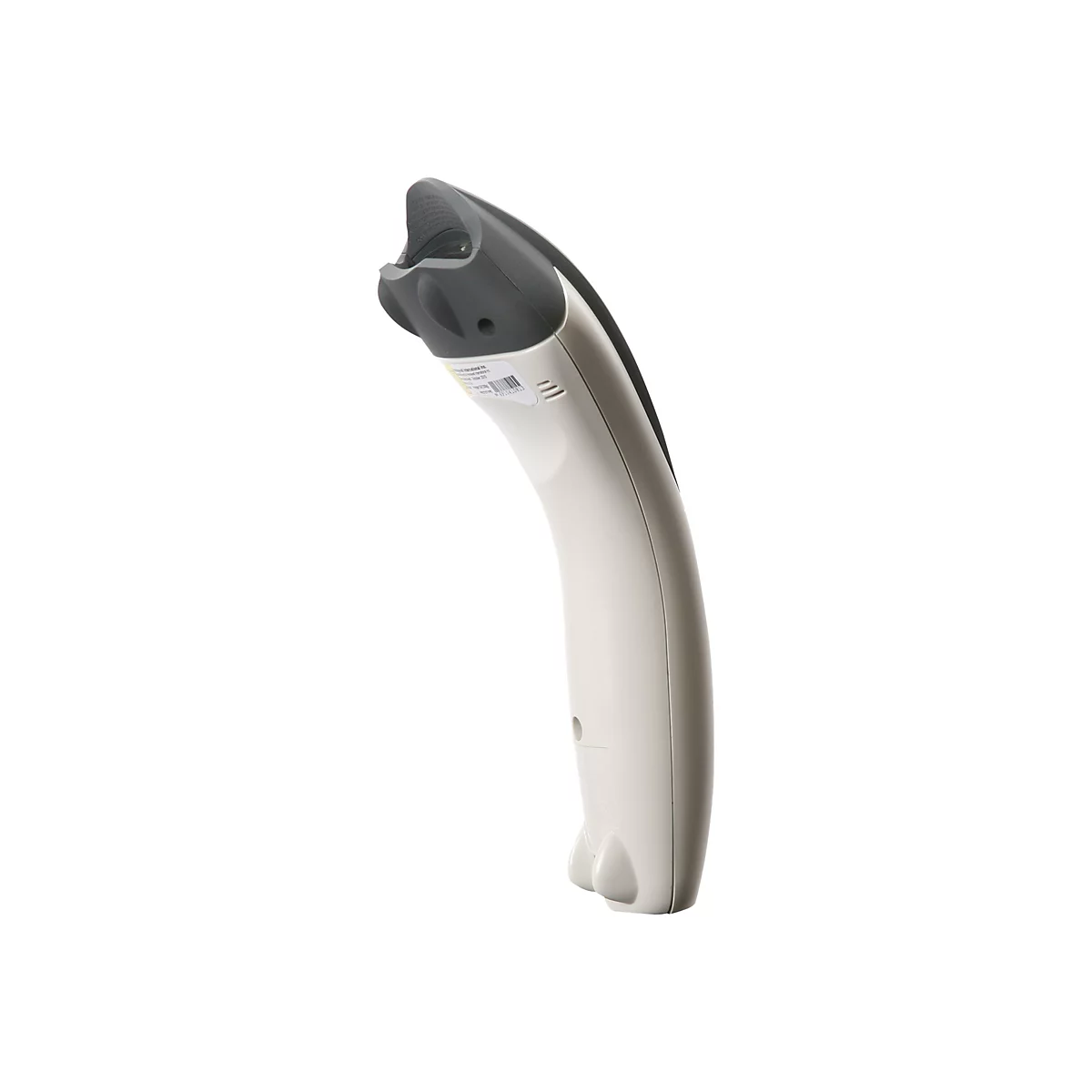 Un lecteur de codes-barres crème et gris foncé, en diagonale sur un fond blanc. Le scanner a une forme ergonomique.