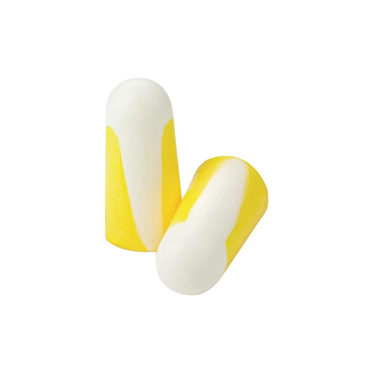 Twee geel-witte oordopjes. De oordopjes hebben een langwerpige vorm en zijn gemaakt van schuim. Ze liggen naast elkaar.