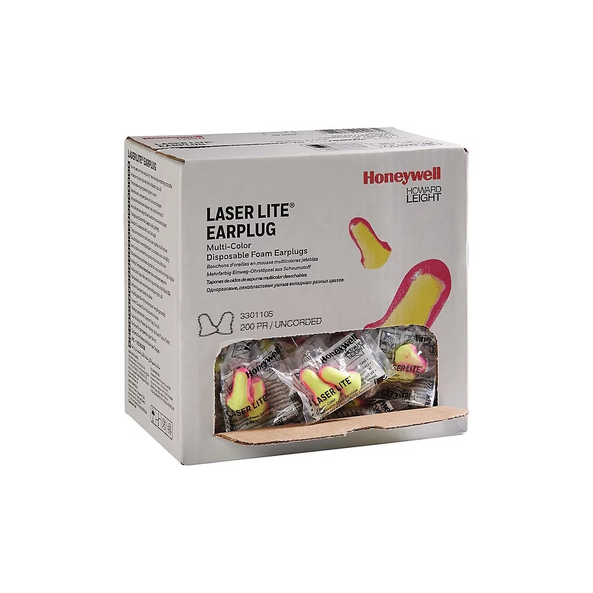 Boîte ouverte de bouchons d'oreille Laser Lite. Les bouchons sont jaunes et roses. L'emballage indique Honeywell.