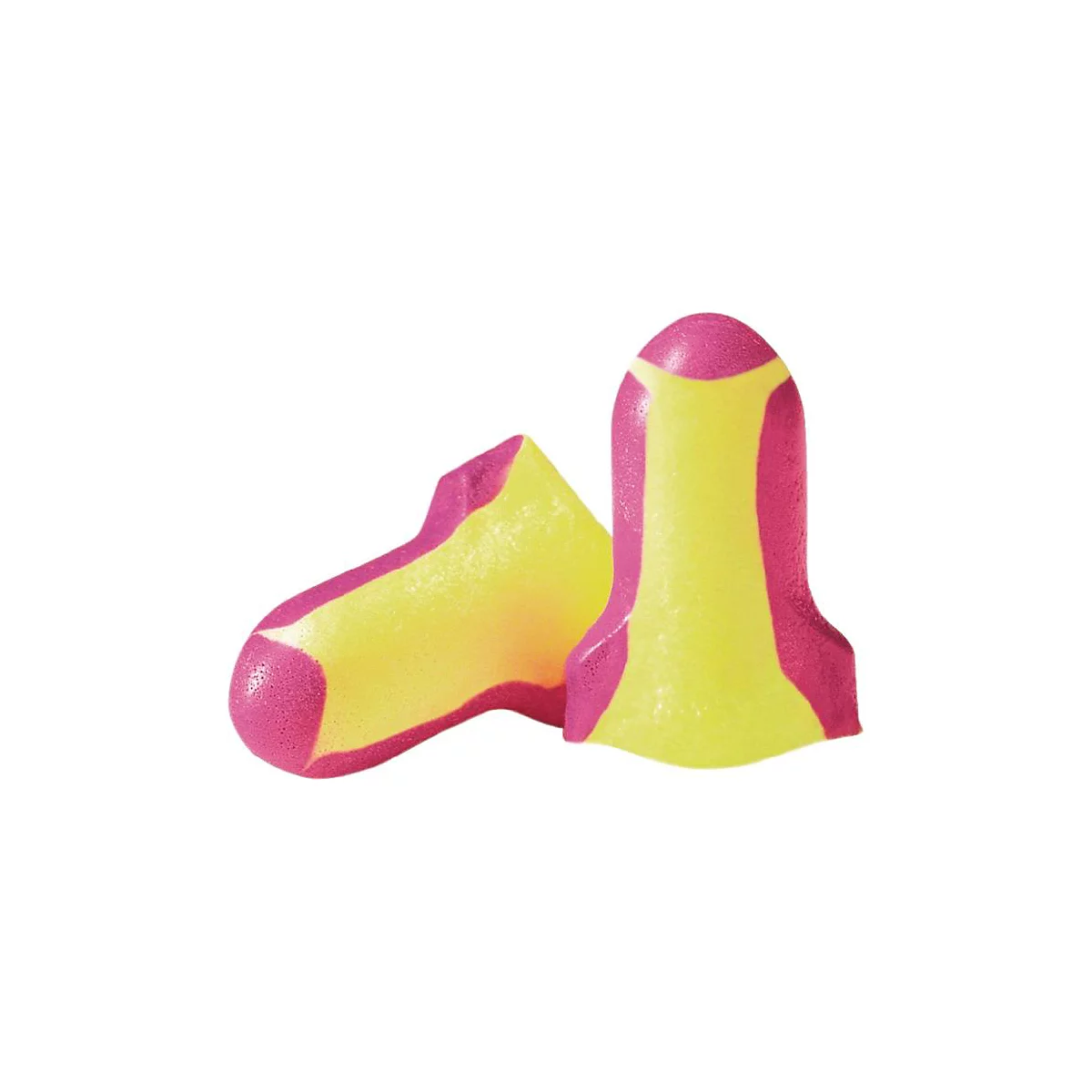 Deux bouchons d'oreille jaune et rose sur fond blanc. Ils ont une forme conique et sont faits de matière souple.