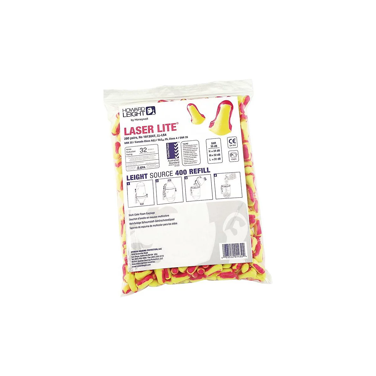 Emballage avec des bouchons d'oreilles jaunes et rouges. Imprimé: Laser Lite, Howard Leight, SNR 35 dB.