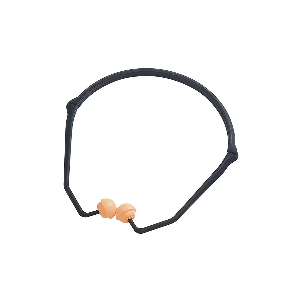 Bandeau de protection auditive noir avec deux bouchons d'oreille brun clair.