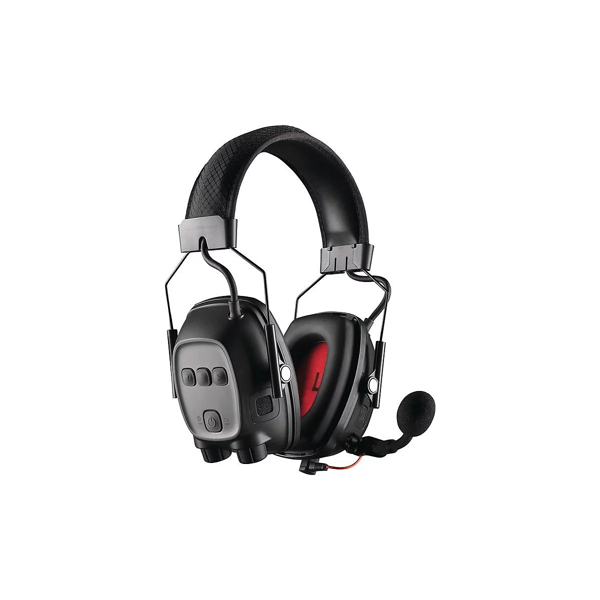 Casque de protection auditive noir avec microphone et boutons.