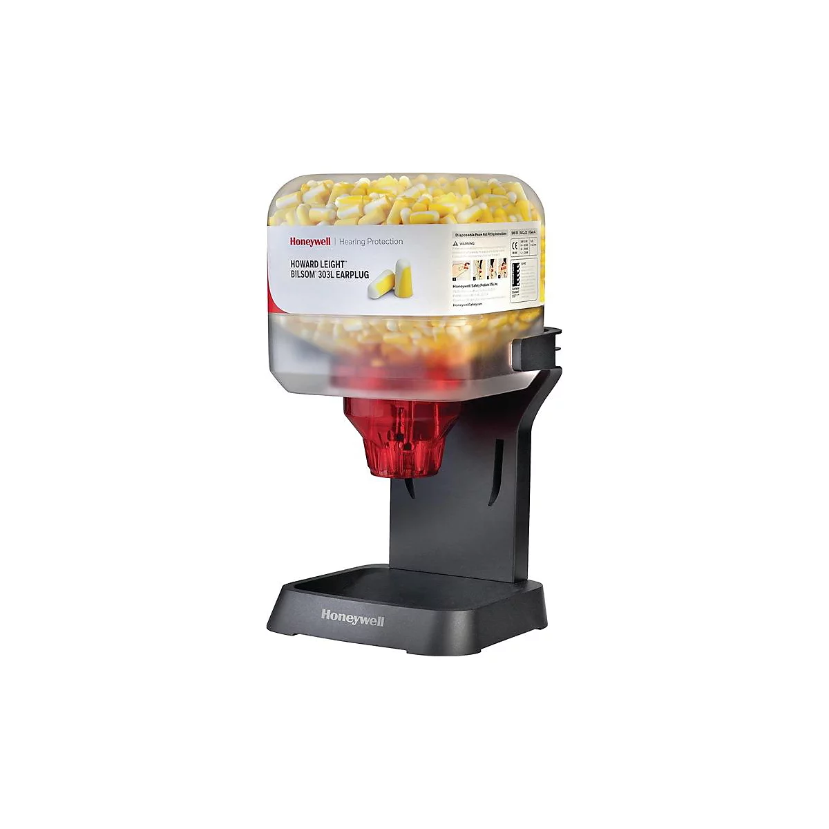 Distributeur de bouchons d'oreille, rempli de bouchons jaune-crème. Base noire avec logo Honeywell. Zone de distribution rouge.