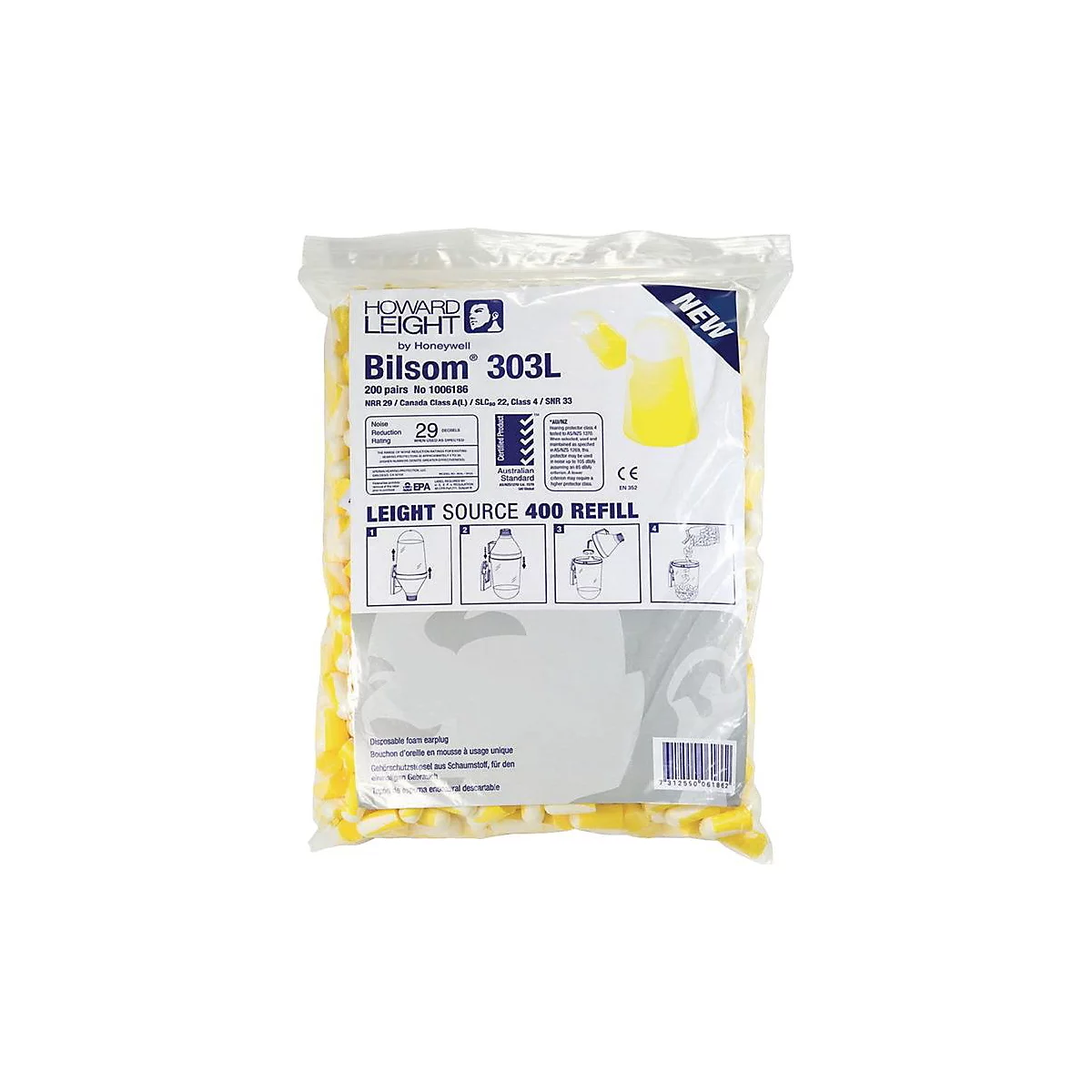 HONEYWELL Howard Leight Gehörschutzstöpsel Bilsom 303L, EN 352-2, SNR 32 dB, Nachfüllpack 200 Paar, Polyurethan, weiß/gelb