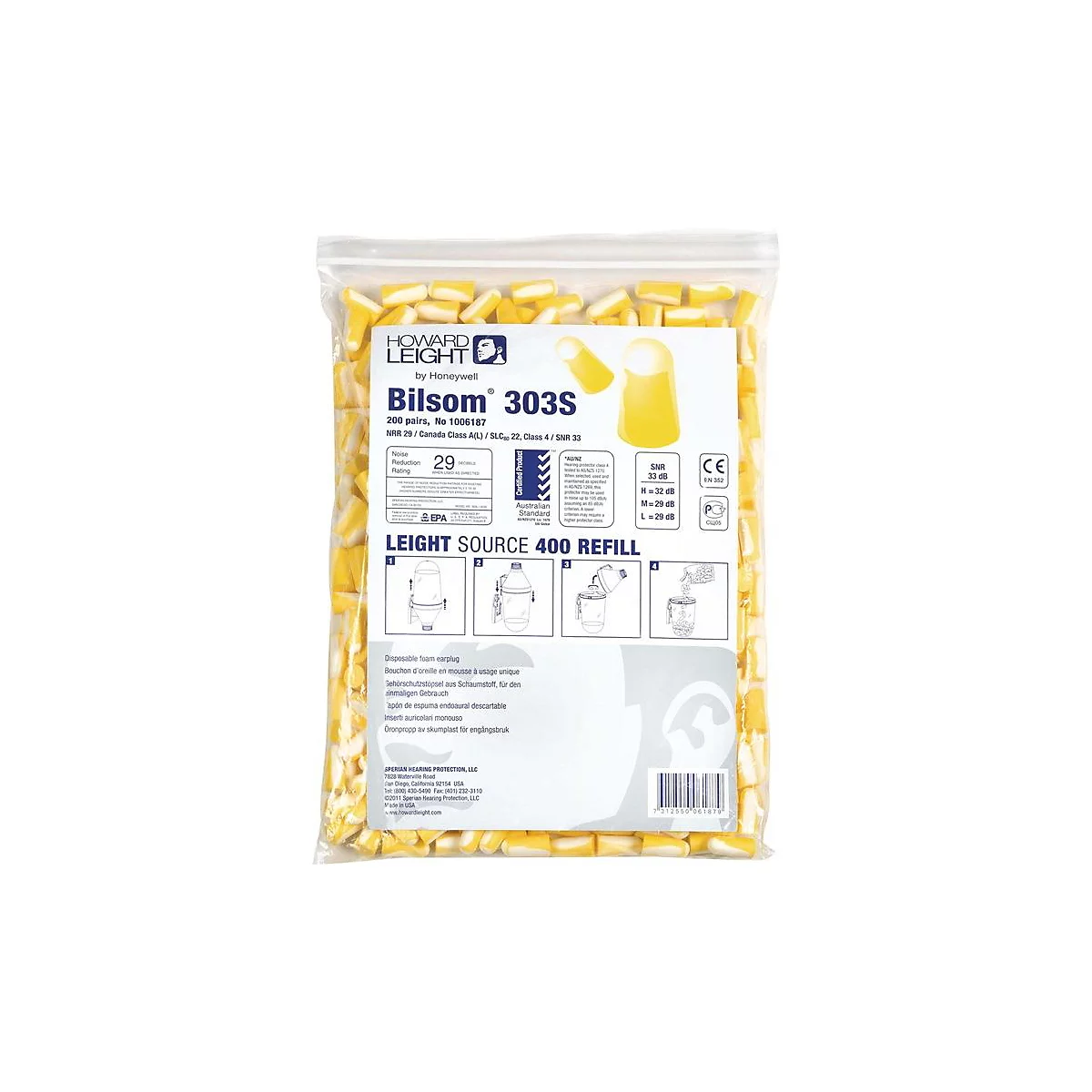 HONEYWELL HOWARD LEIGHT Gehörschutzstöpsel Bilsom 303S, EN 352-2, SNR 32 dB, Nachfüllpack 200 Paar, Polyurethan weiß/gelb
