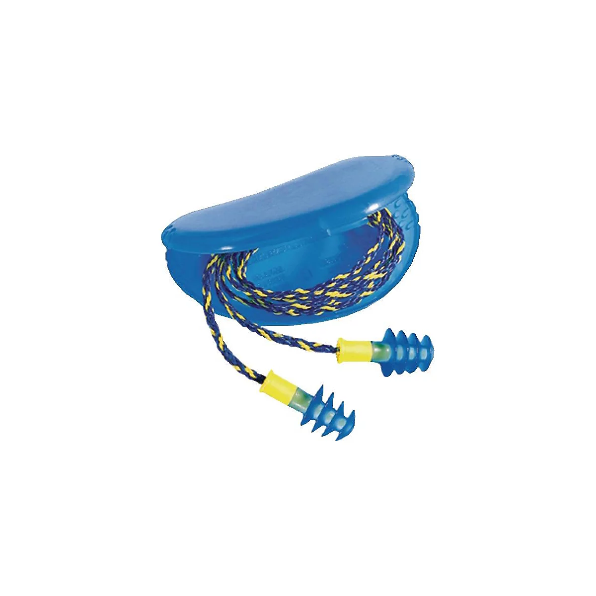 Blauwe oordopjes met geel koord in een blauwe etui.