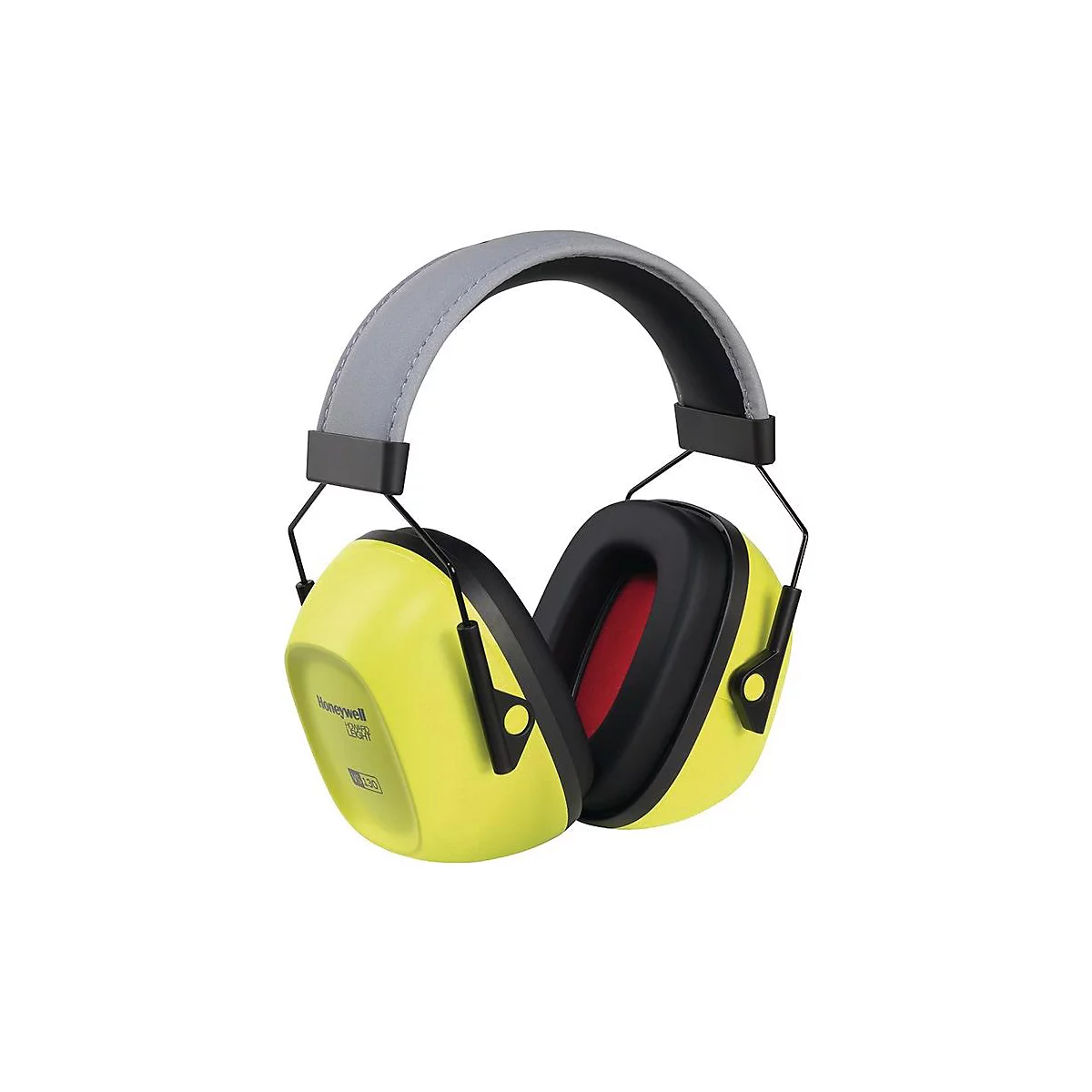 Cache-oreilles jaunes avec bord noir et bandeau gris, doublure intérieure rouge.