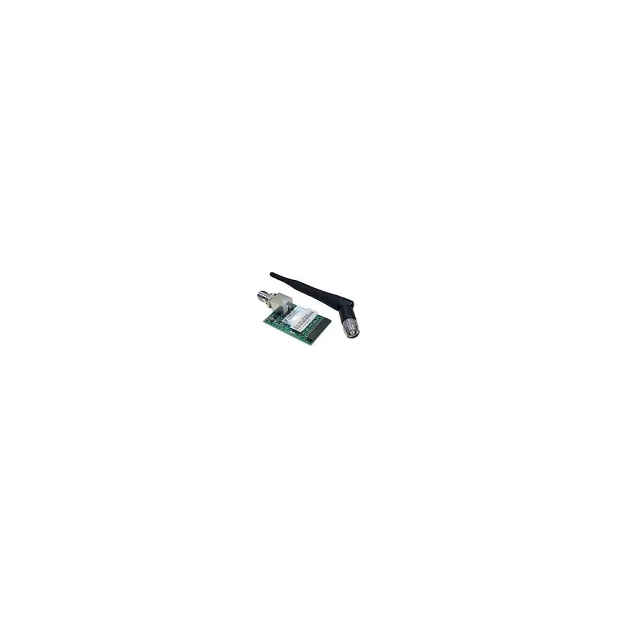Ein grüner Leiterplatten-Chip mit einem silbernen Stecker und einer schwarzen Antenne, die mit dem Chip verbunden ist.