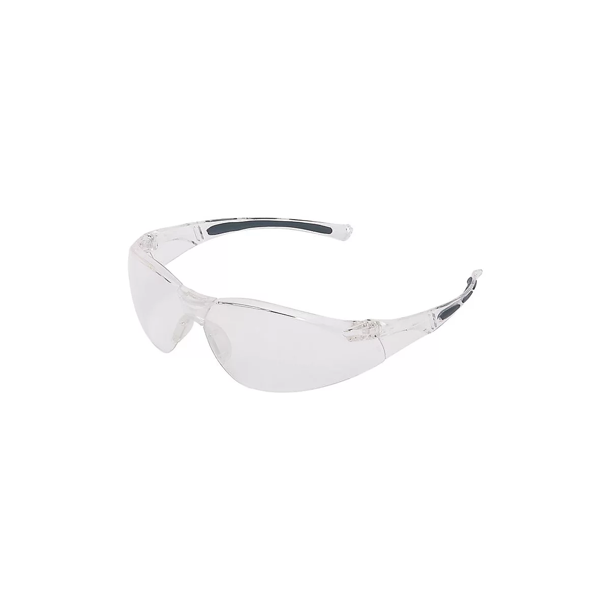 Lunettes de sécurité transparentes et incurvées avec des détails sombres sur les branches et le nez.