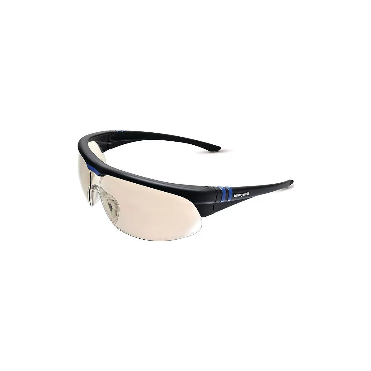 Lunettes de sécurité avec monture noire, accents bleus et verres miroir. Le logo Honeywell est visible sur la branche.