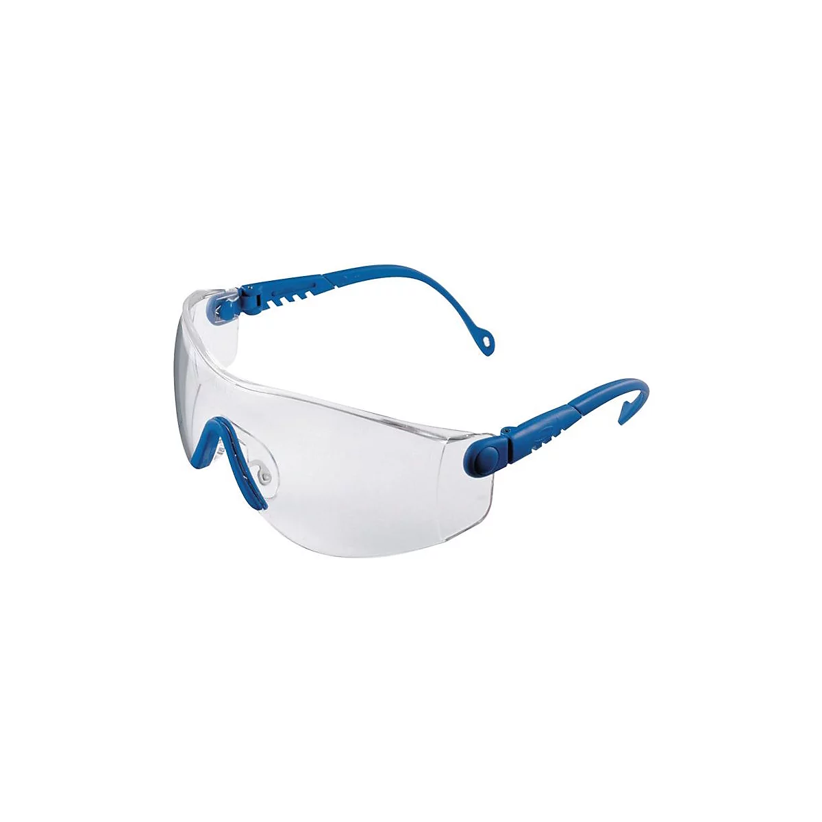 Lunettes de sécurité transparentes avec monture bleue, vue latérale.