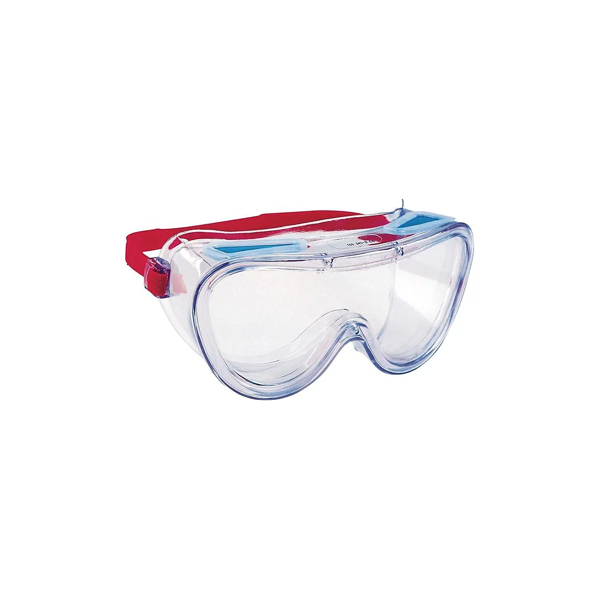 Lunettes de sécurité transparentes avec sangle rouge.