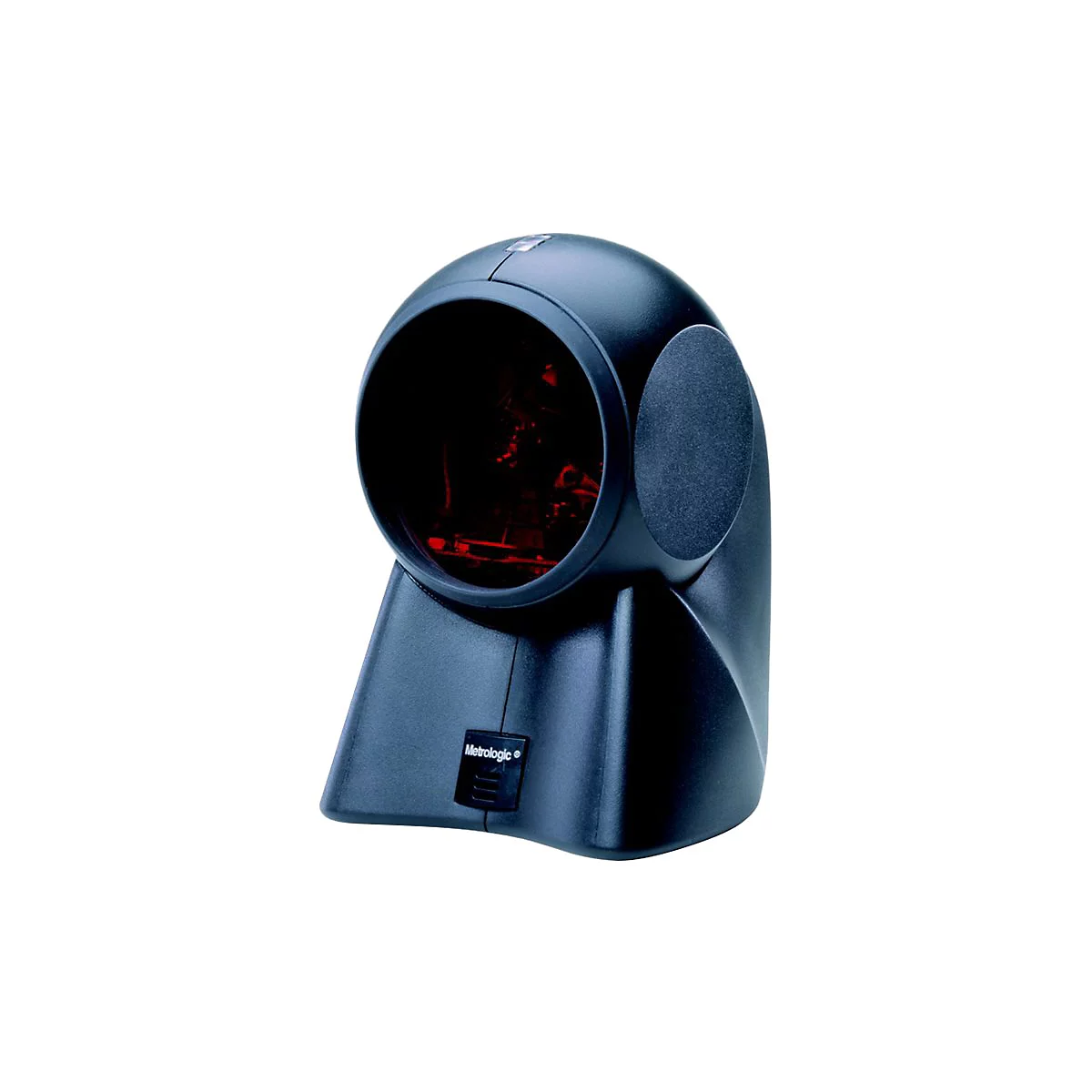 Schwarzer Barcode-Scanner mit rotem Licht, isoliert auf weißem Hintergrund. Mit Metrologic Logo.