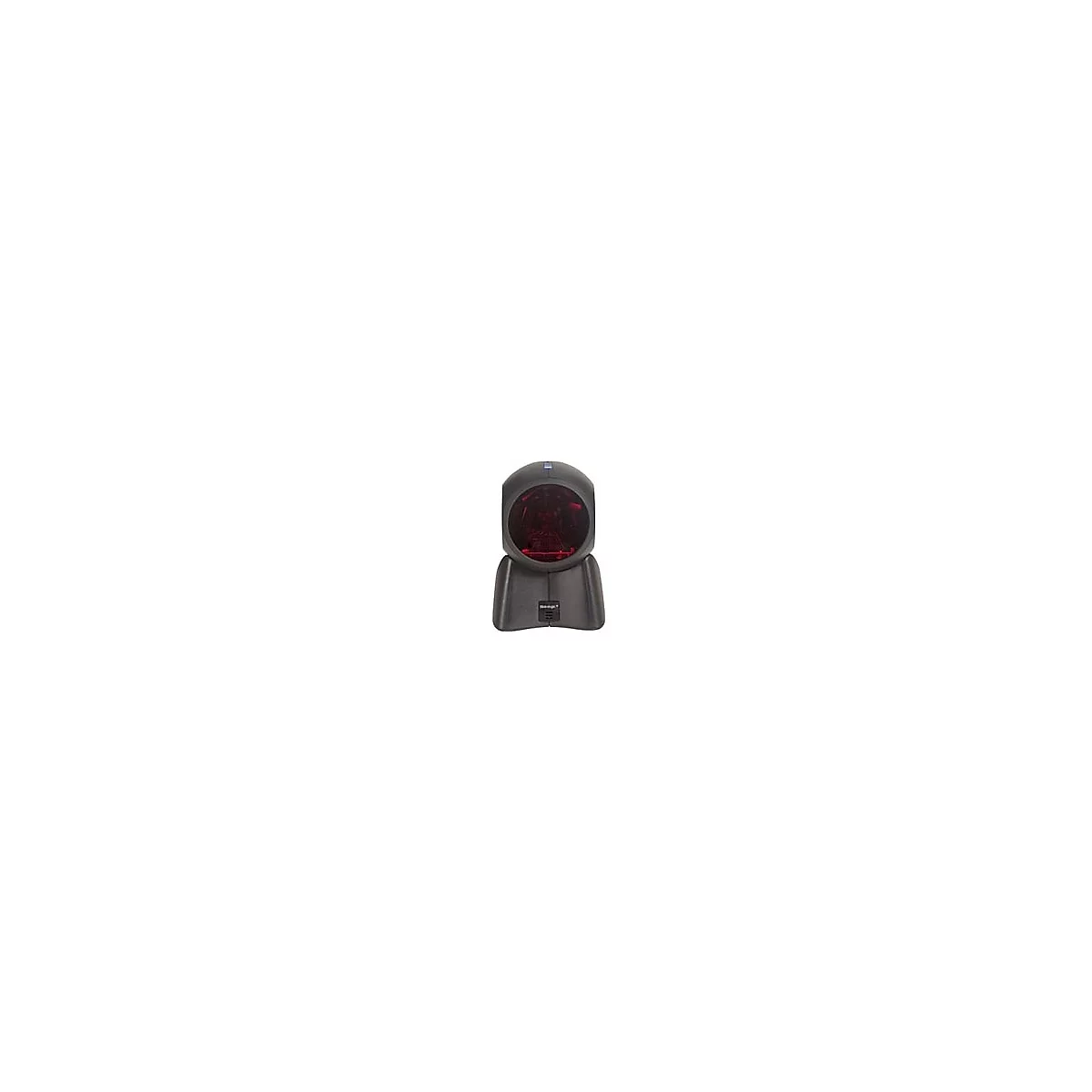 Schwarzer Barcodescanner, Blick in das rot beleuchtete Innere.