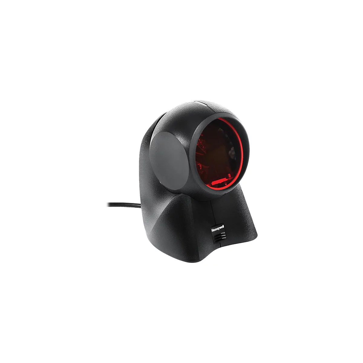 Scanner de codes-barres noir avec lumière rouge. Logo Honeywell en bas.