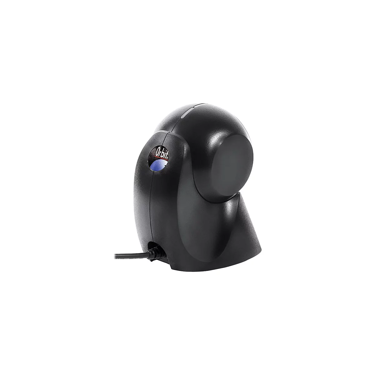 Scanner de code-barres noir avec logo Orbit et câble. Présenté en gros plan sur fond blanc.