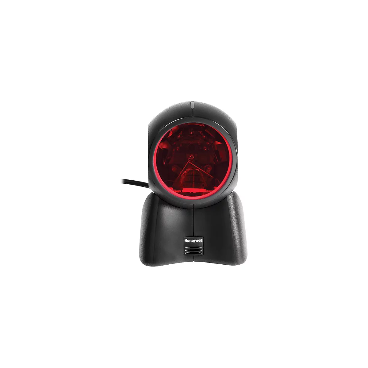 Scanner de codes-barres noir avec lumière rouge. Logo Honeywell en bas.
