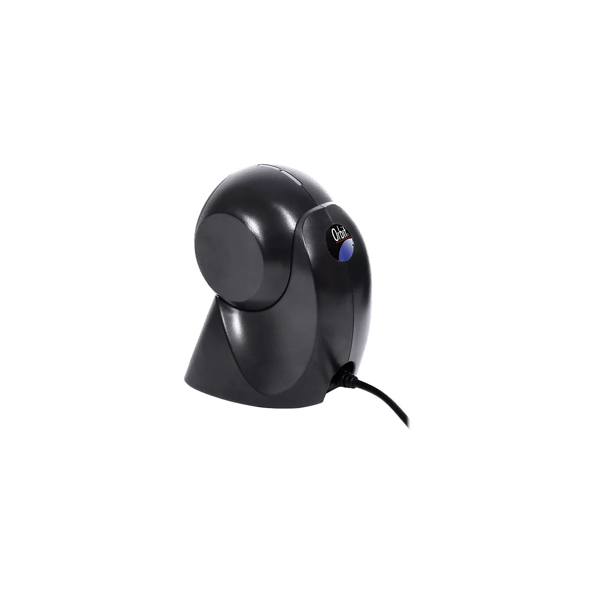 Scanner de codes-barres noir, logo Orbit, bouton bleu, câble.