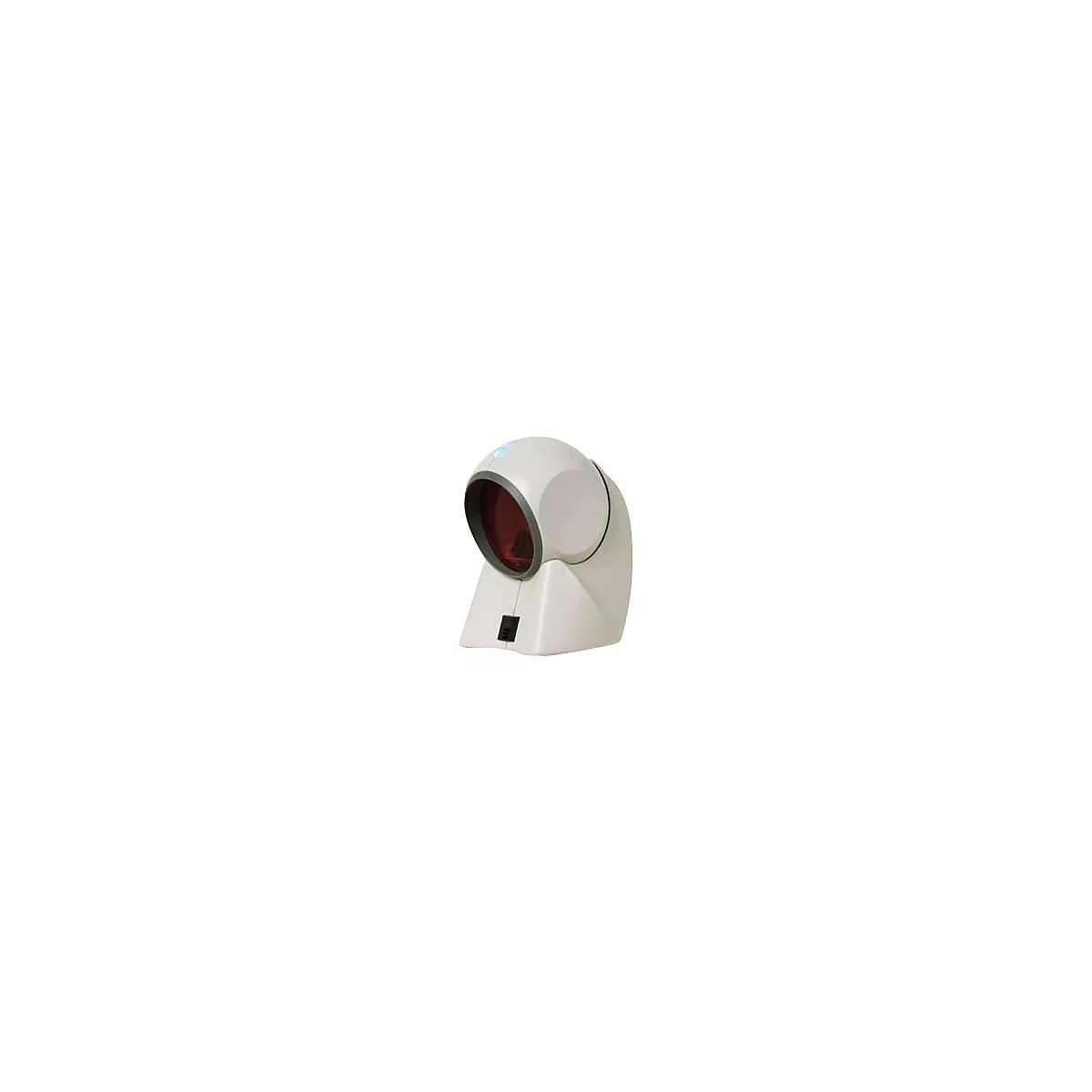 Scanner de codes-barres blanc avec lumière rouge. Une lumière bleue est située sur le dessus de l'appareil.