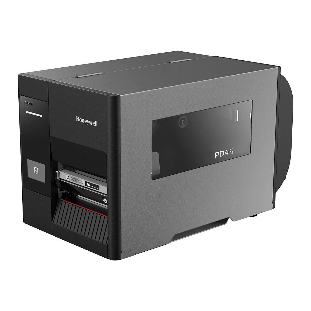 Drucker PD45 von Honeywell. Schwarz-graues GehÃ¤use mit sichtbaren Innenleben und der Aufschrift PD45.