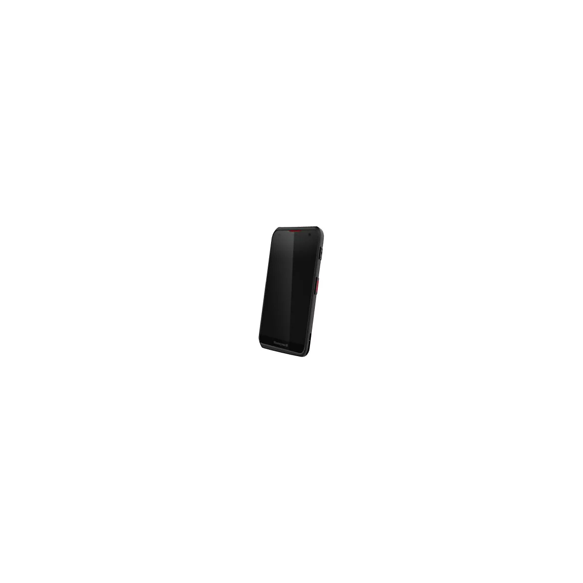 Schwarzes Smartphone. Roter Knopf auf der Seite. Marke Honeywell.