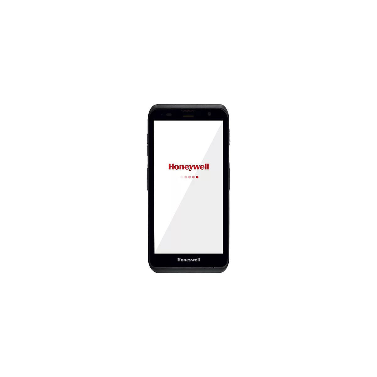 Schwarzes Smartphone mit Honeywell-Logo auf weißem Bildschirm. Das Gerät ist vor weißem Hintergrund zentriert.