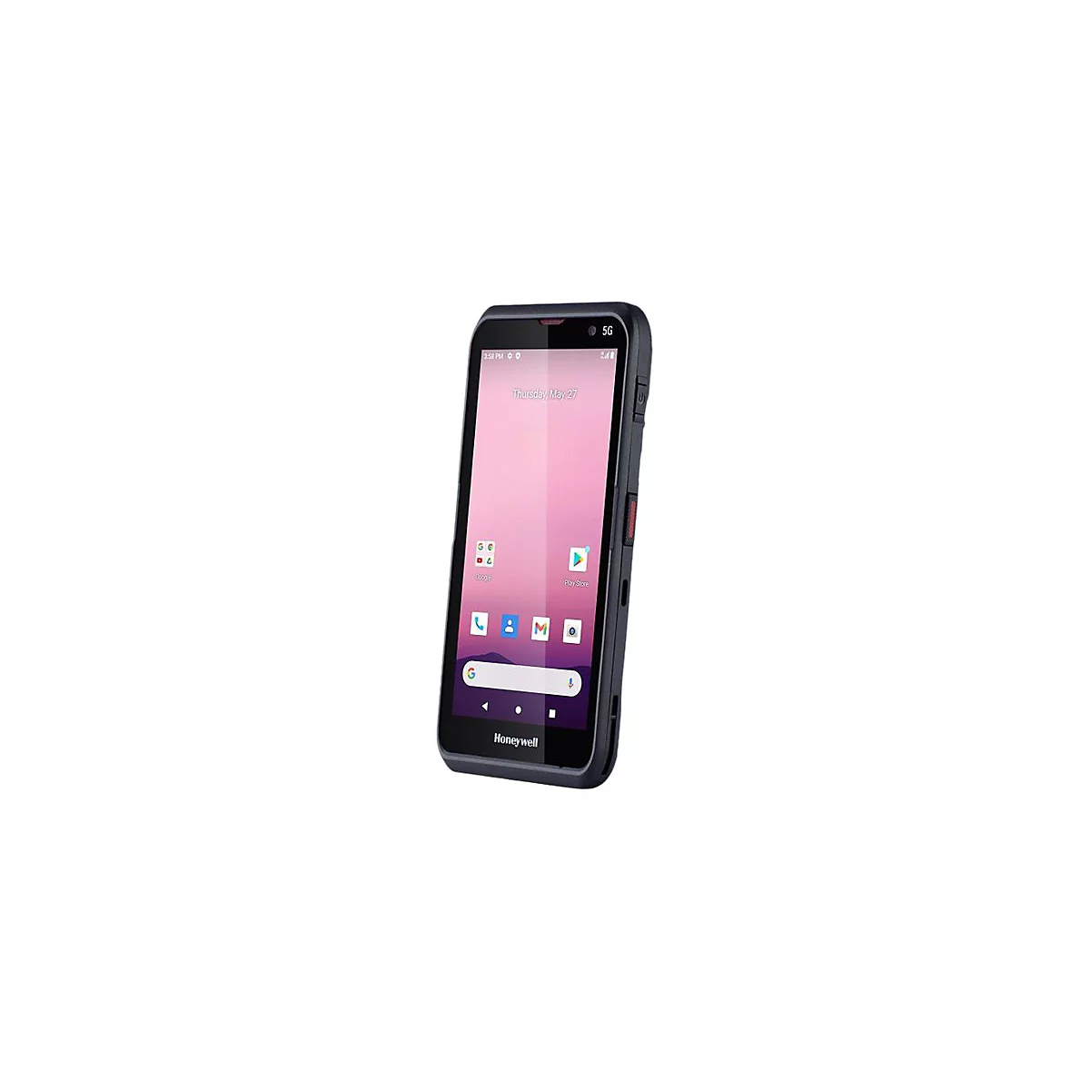 Schwarzes Smartphone mit pinkfarbenem Hintergrund. Honeywell-Logo unten. 5G Symbol oben.