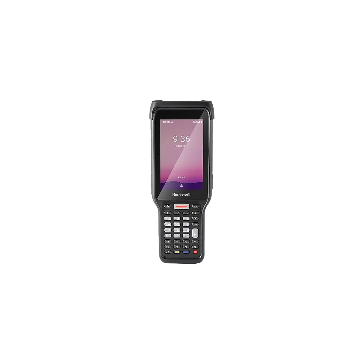 Schwarzes Honeywell-Handheld mit Display, Tastatur, und Uhrzeit 9:36.
