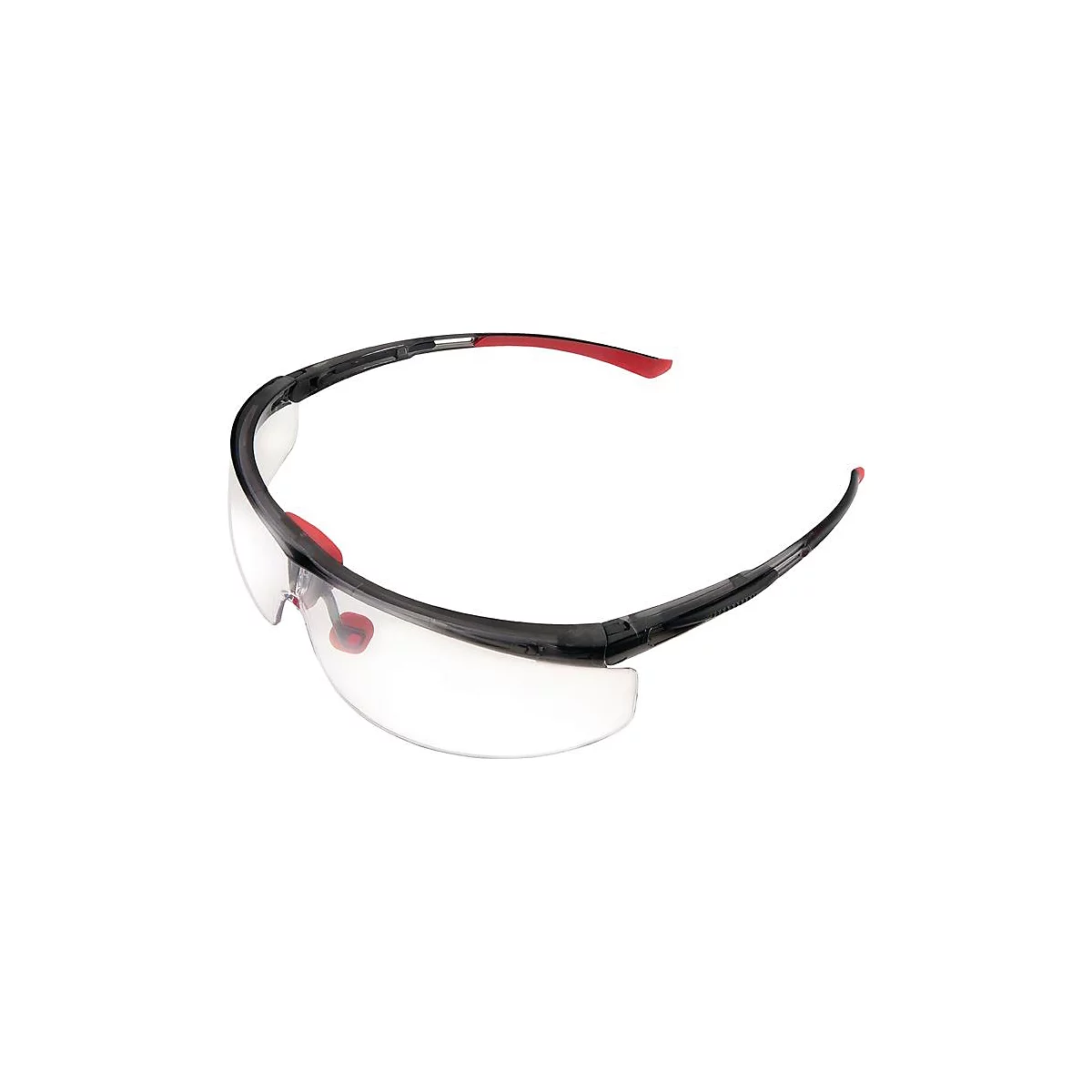 Schutzbrille mit schwarzem Rahmen, roten Akzenten und transparenten Gläsern. Nahaufnahme vor weißem Hintergrund.