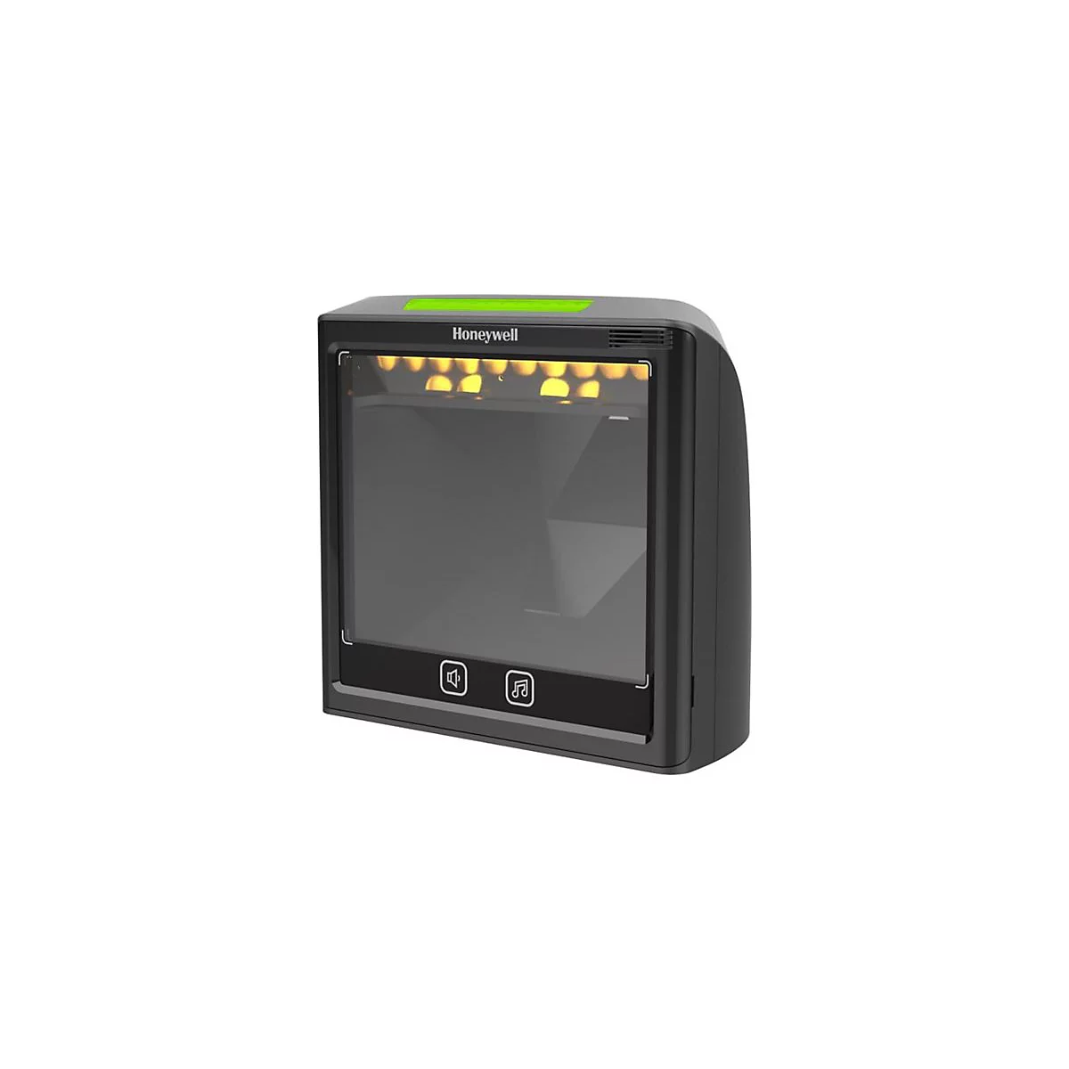 Scanner de codes-barres noir avec logo Honeywell et symboles de volume et de musique.