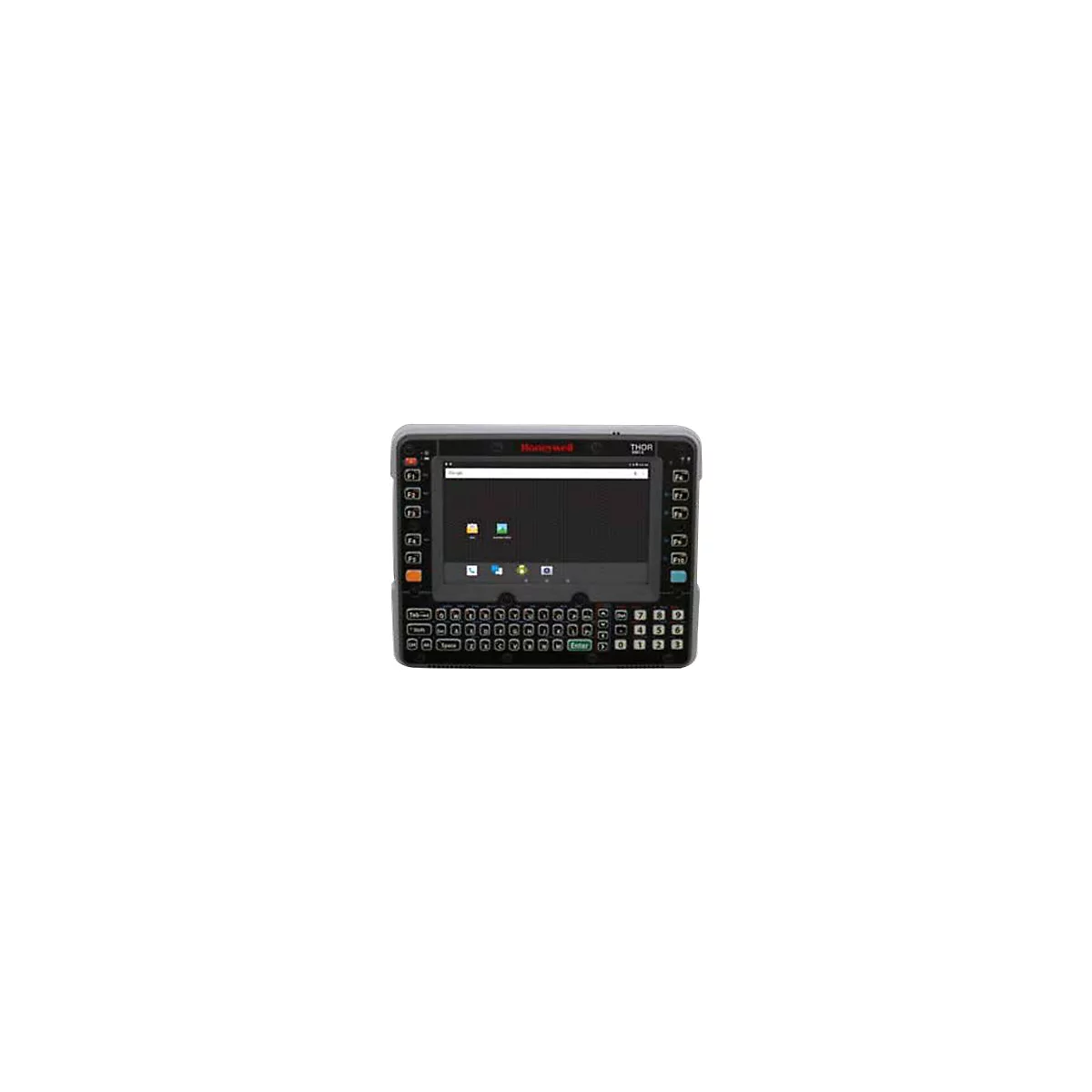Schwarzes Honeywell Thor Tablet mit Bildschirm, Tastatur und seitlichen Funktionstasten.
