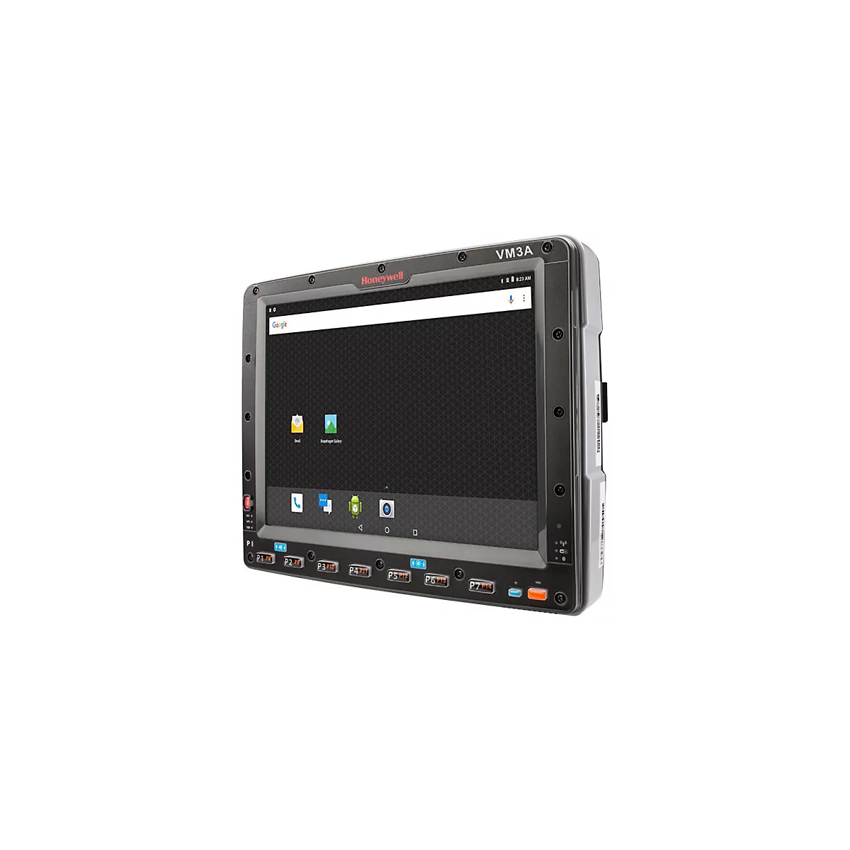 Robustes Honeywell Tablet, schwarzer Rahmen, Bildschirm mit App-Icons, oben das Honeywell Logo.