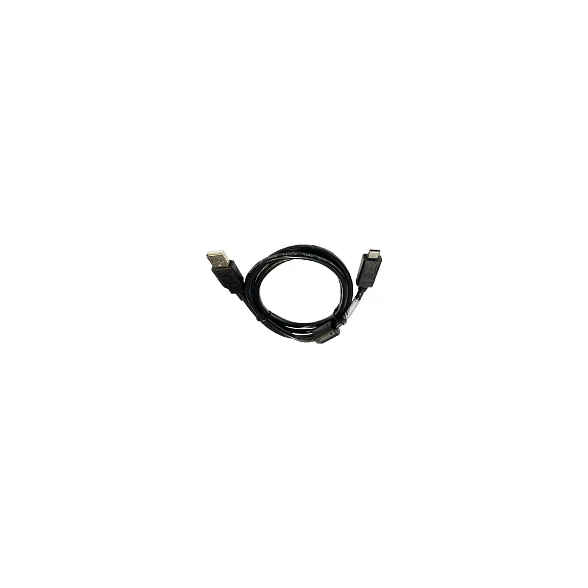 Schwarzes USB-C-Kabel mit USB-A-Anschluss. Auf weißem Hintergrund.