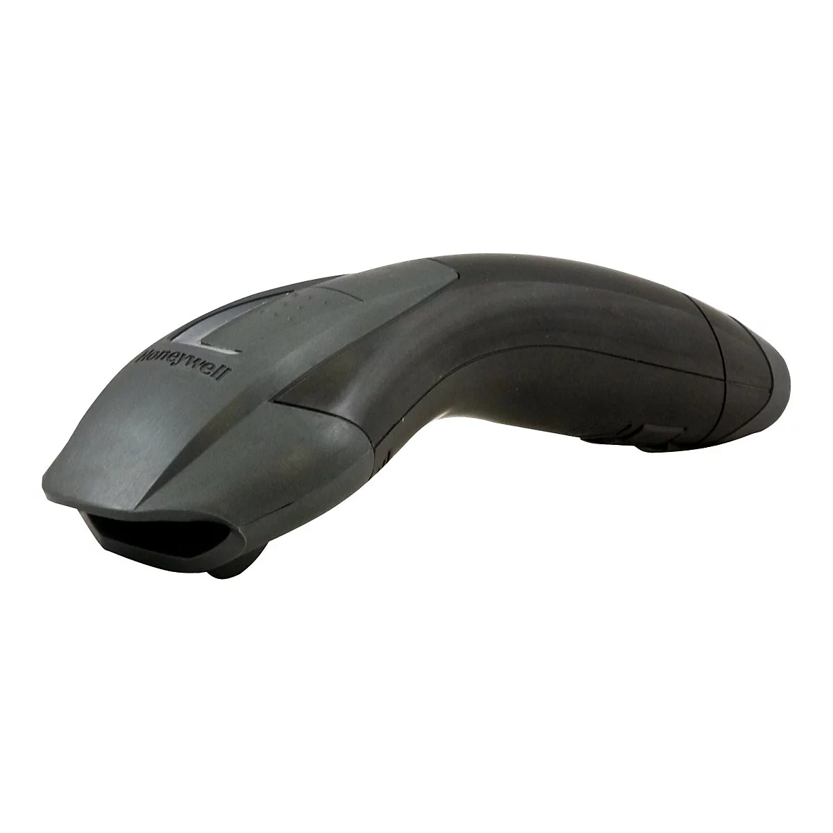 Handlicher, schwarzer Barcode-Scanner von Honeywell, leicht schräg von oben fotografiert, auf weißem Hintergrund.
