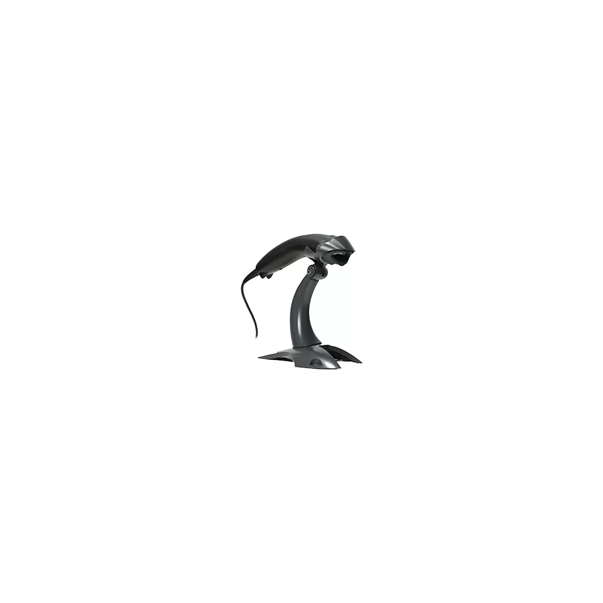 Ein Barcode-Scanner in Grau und Schwarz auf einem StÃ¤nder, der auf einem weiÃŸen Hintergrund steht.