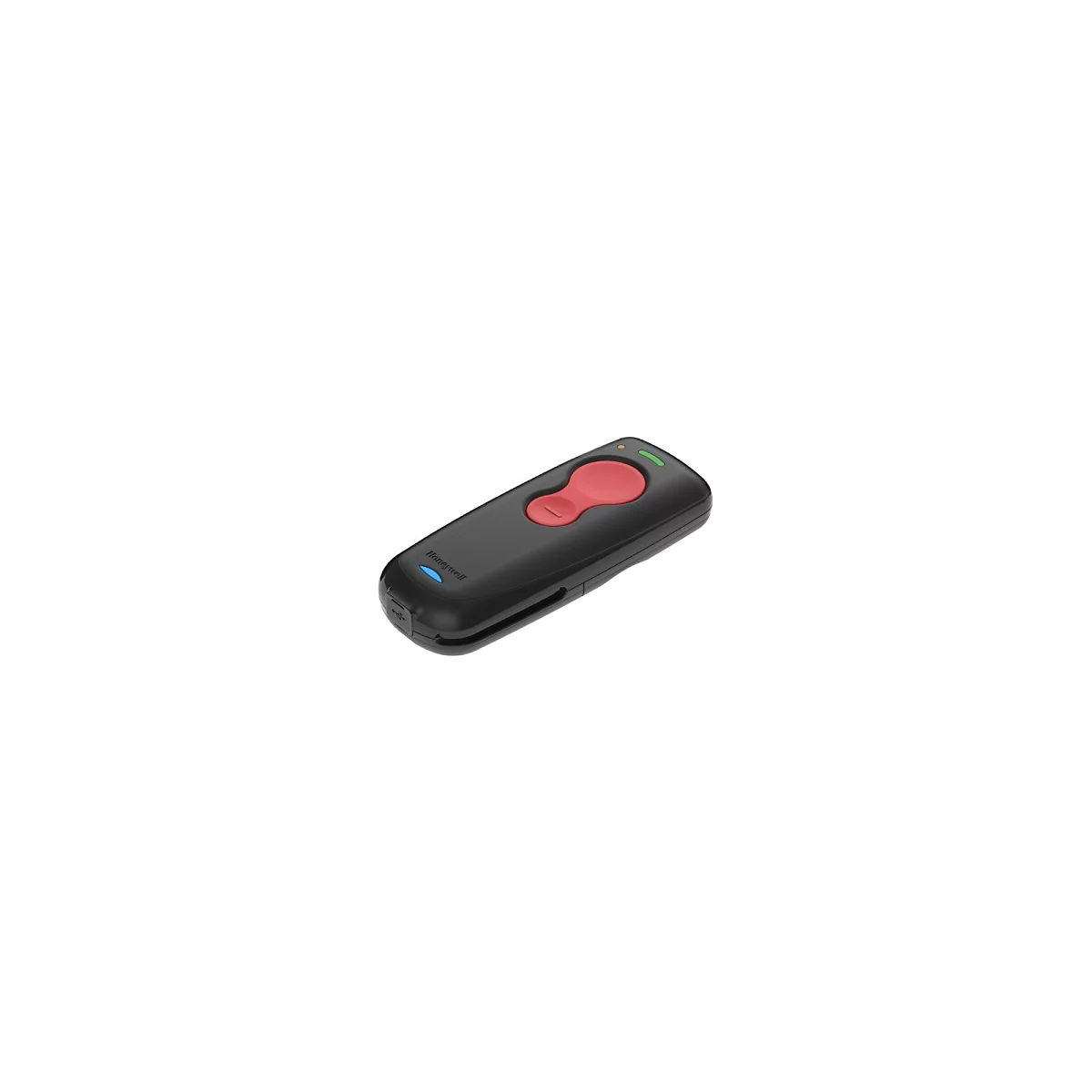 Scanner de codes-barres noir Honeywell avec un bouton rouge, sur fond blanc.