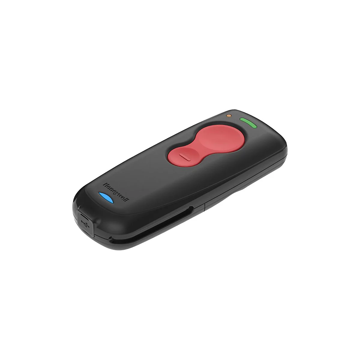 Scanner portable noir avec bouton rouge et voyant vert. Le logo Honeywell est visible.