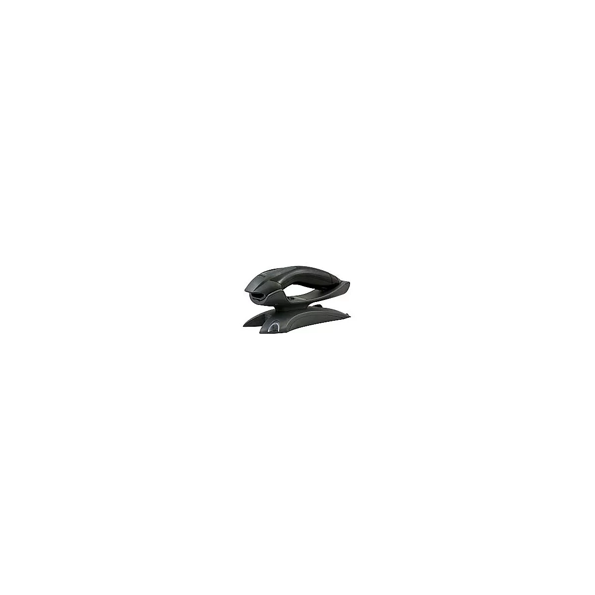 Scanner de codes-barres noir avec support. L'appareil a une forme incurvée, reposant sur une large base.