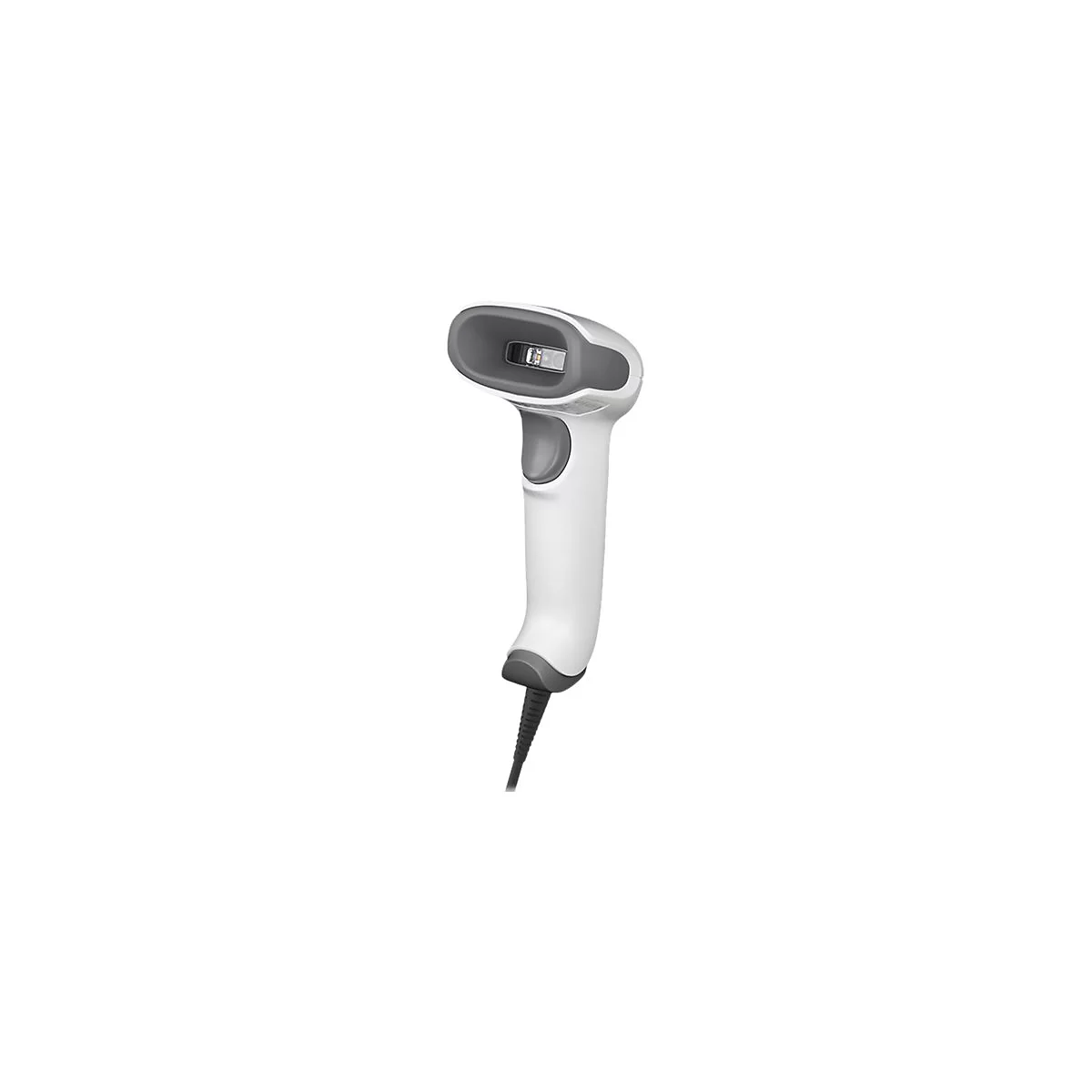 Scanner de codes-barres blanc et gris avec un câble noir sur fond blanc.