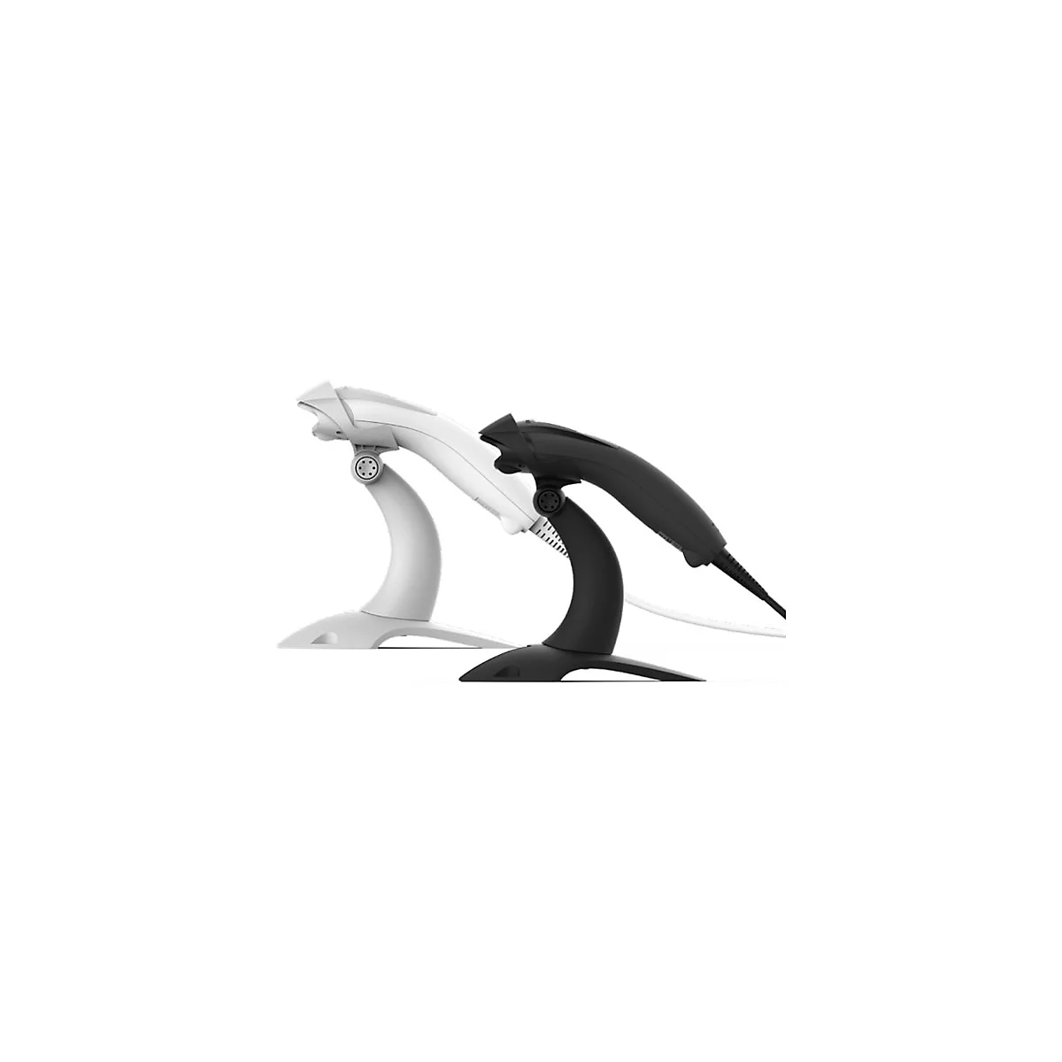 Un lecteur de codes-barres blanc et un noir avec support côte à côte sur fond blanc.