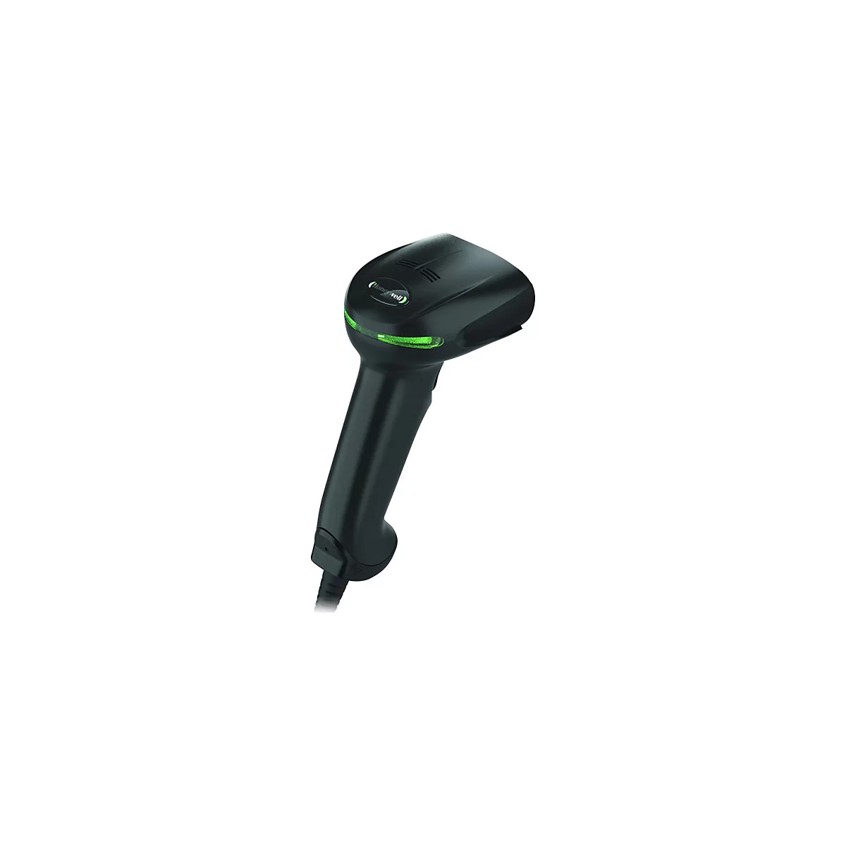 Schwarzer Barcode-Scanner, Marke Honeywell, grünes Licht.