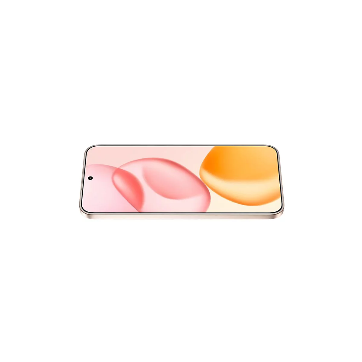 Smartphone, Frontansicht, goldfarbener Rahmen, pink- und orangetöniger Hintergrund.