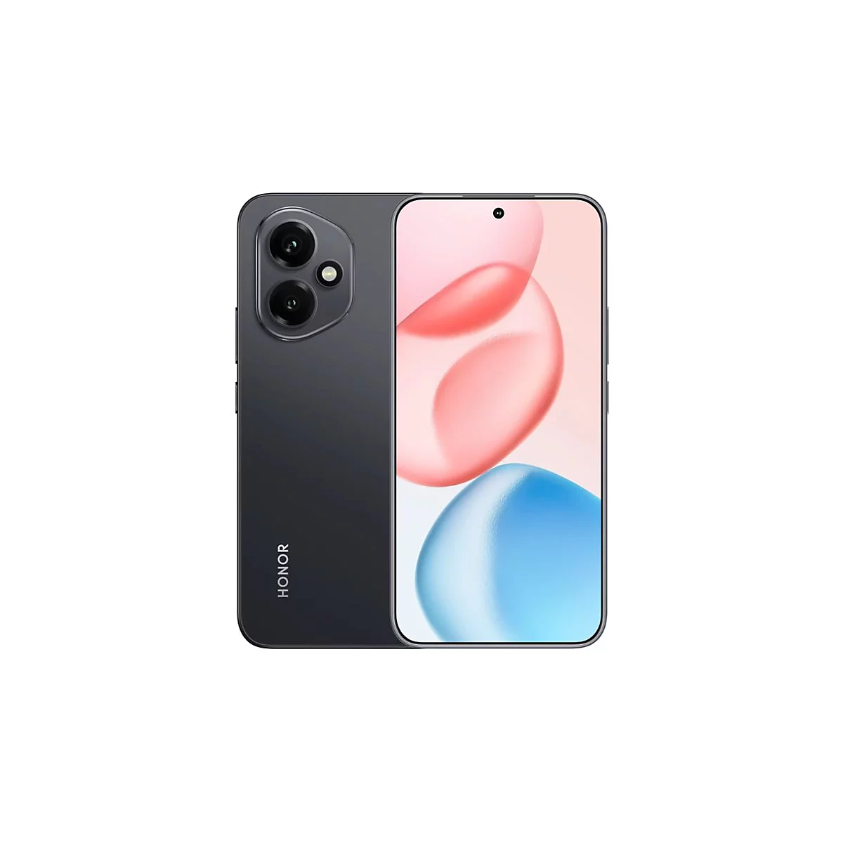 Dunkelgraues Smartphone mit Dual-Kamera und HONOR-Logo. Das Display zeigt farbige abstrakte Formen. 