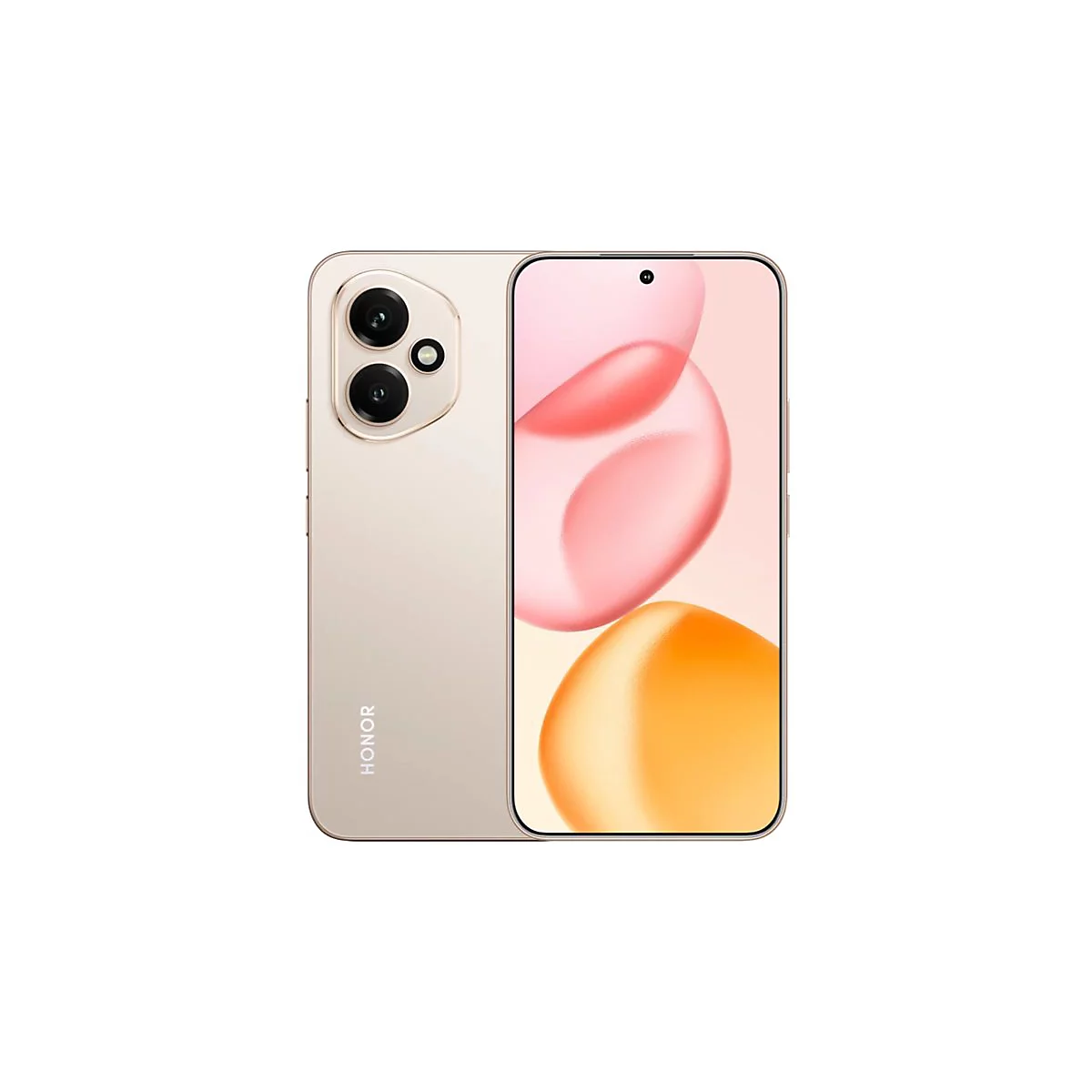 Beigefarbenes Smartphone, Ansicht von vorne und hinten. Auf dem Display farbige Formen.