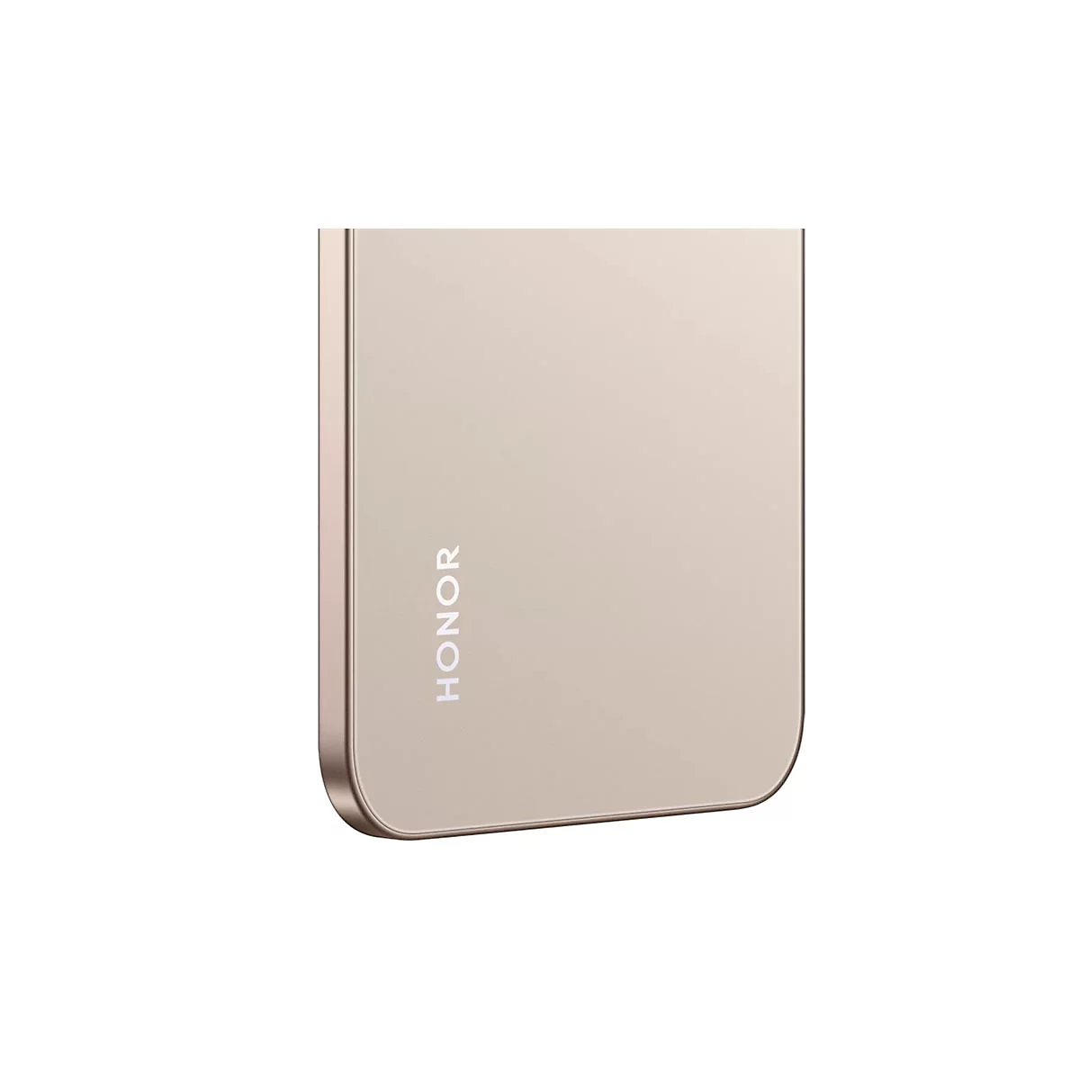 Nahaufnahme eines Smartphones mit abgerundeten Ecken. Der goldfarbene Rücken zeigt den HONOR-Schriftzug.