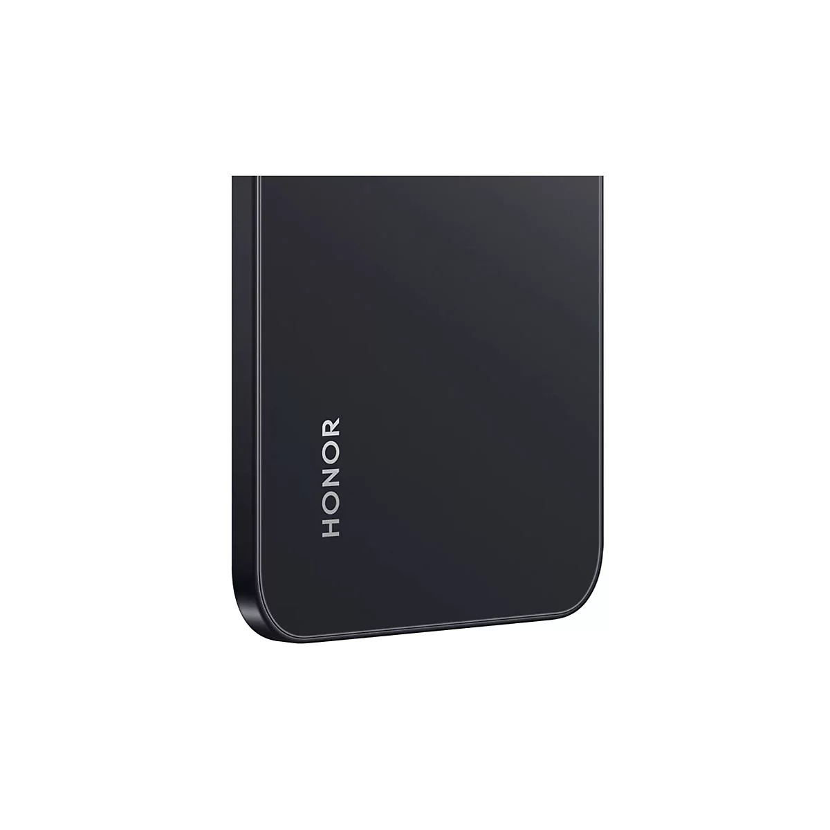 Nahaufnahme der schwarzen Rückseite eines Smartphones mit HONOR-Logo.
