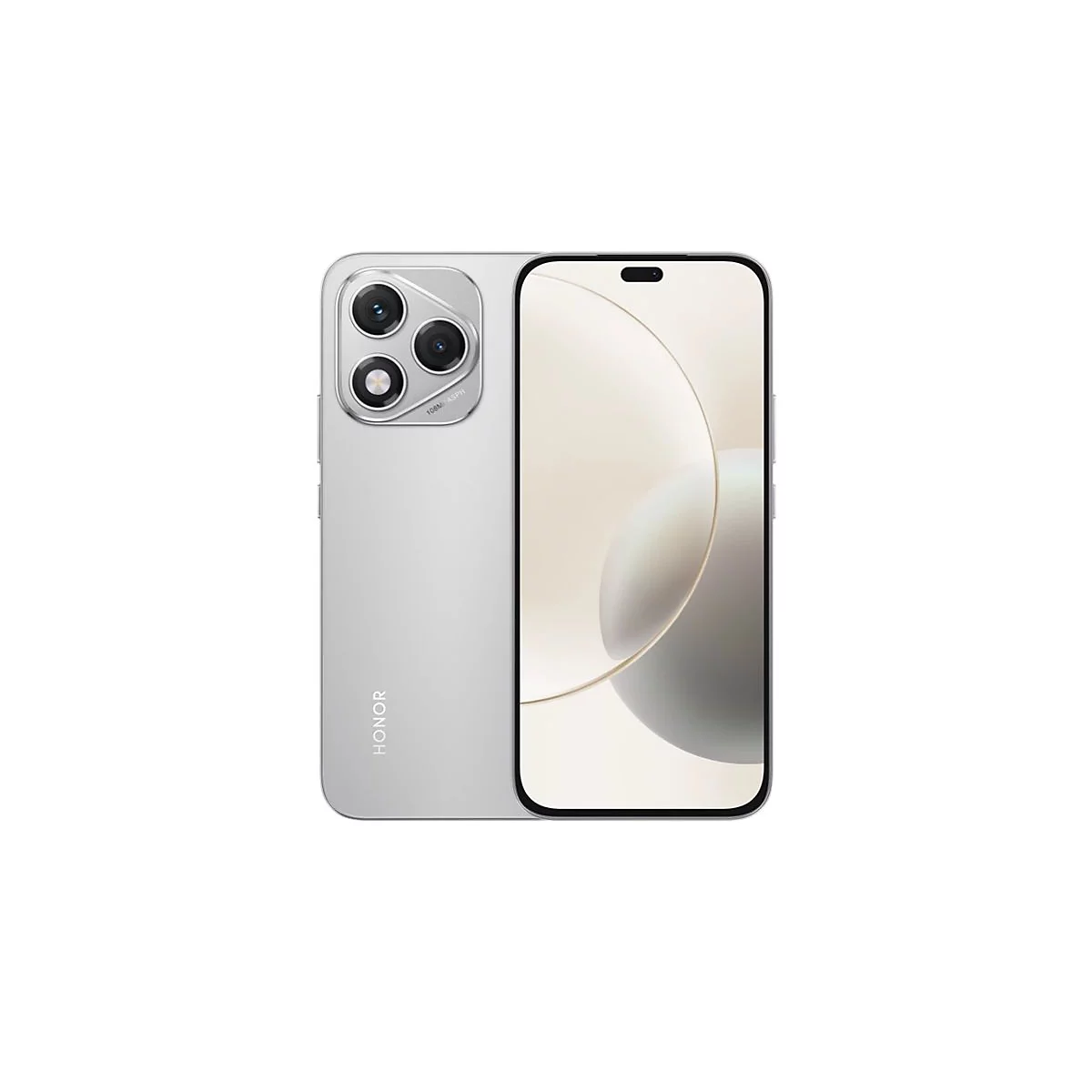 Silbernes Smartphone mit drei Kameras, schwarzem Display und HONOR-Logo.