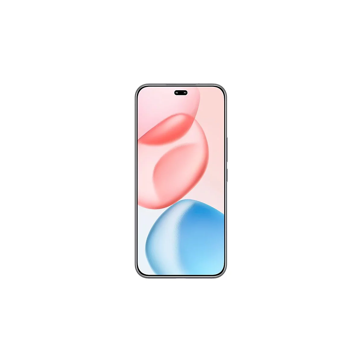 Smartphone-Ansicht von vorne. Das Display zeigt rosa und blaue, verschwommene Formen. Das Telefon hat einen schwarzen Rahmen.
